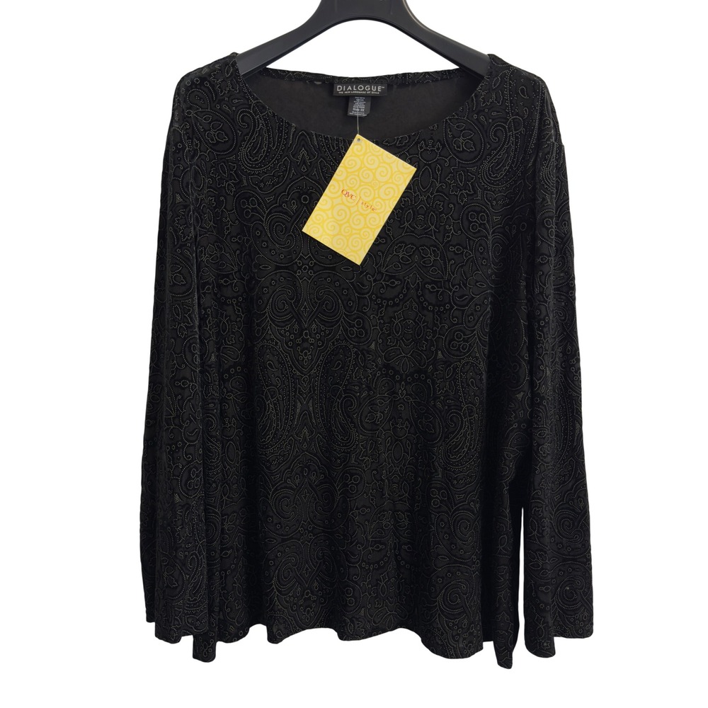 NWT Dialogue Womens 3X Black Paisley Burnout Dotted Long Sleeve Blouse Top